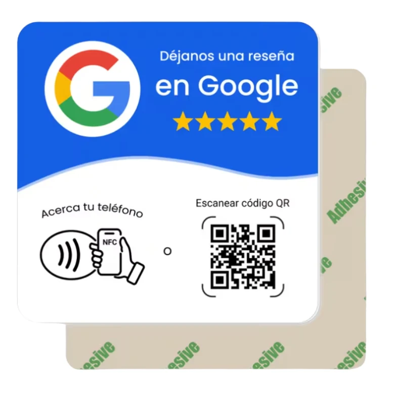 Placa para reseñas de Google con NFC y QR, vista del adhesivo trasero
