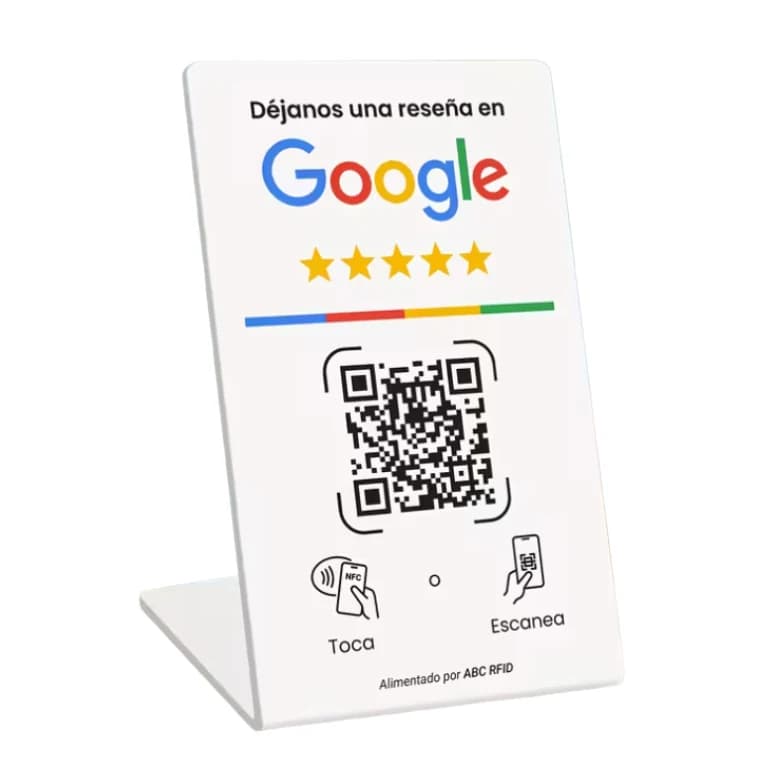 Stand para reseñas de Google en color blanco, con código QR y NFC
