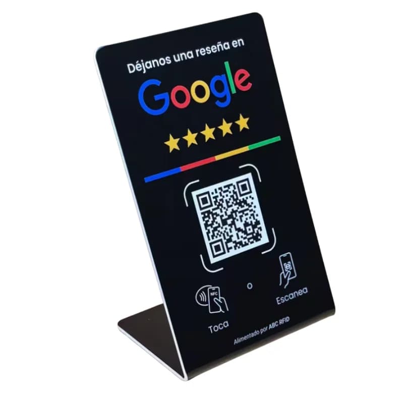 Stand para reseñas de Google en color negro, con código QR y NFC